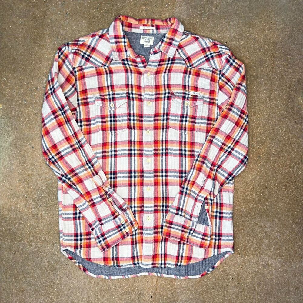Lucky Brand Mens Medium Plaid Flannel Shirt Classic Fit Textured Cotton
